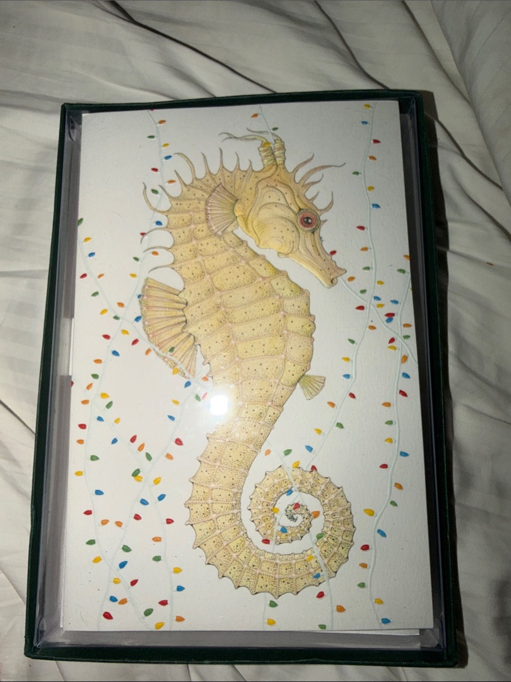 Gold Large seahorse surrounded with Christmas lights 16 cards 17 envelopes